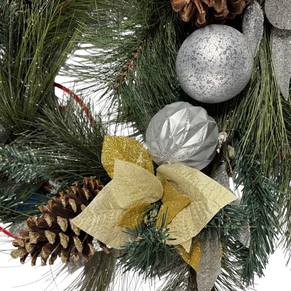 Christmas Wreath‎ Holiday Pine Cone Ornament Gold Silver Decor 15 Inch